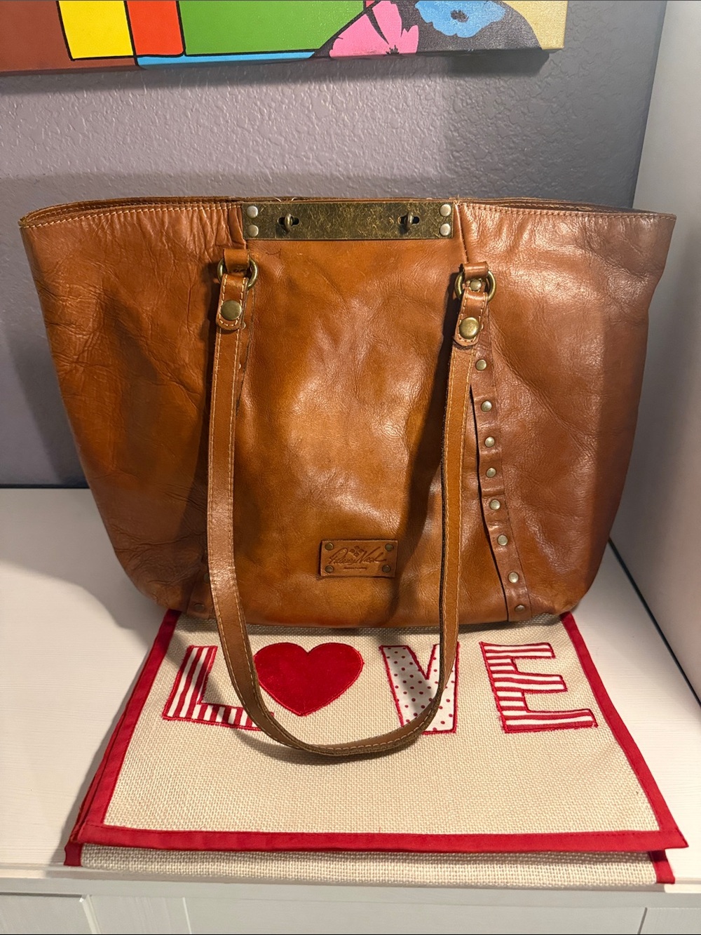 Patricia Nash Classic Brown Leather Tote Bag with Stud Accent